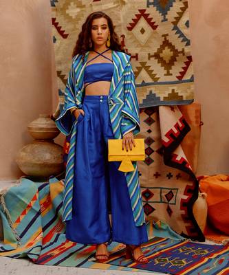 Cobalt blue indi-leheriya trench with bandue top and papa pants. 1