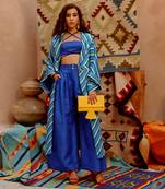 Cobalt blue indi-leheriya trench with bandue top and papa pants.