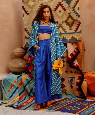 Cobalt blue indi-leheriya trench with bandue top and papa pants. 2
