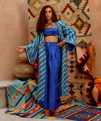 Cobalt blue indi-leheriya trench with bandue top and papa pants. 3