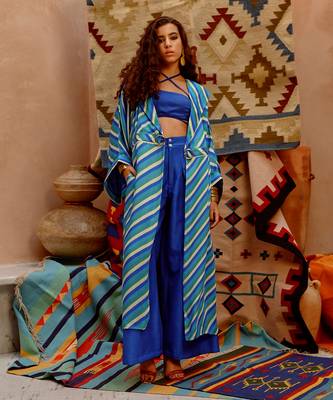 Cobalt blue indi-leheriya trench with bandue top and papa pants. 4