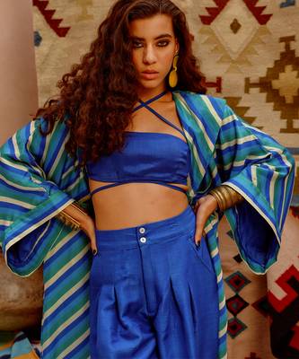 Cobalt blue indi-leheriya trench with bandue top and papa pants. 5