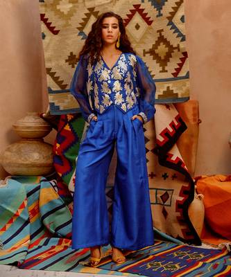 Azure blue sheer jacket with waist coat and papa pants 1