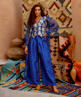 Azure blue sheer jacket with waist coat and papa pants 2