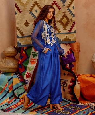 Azure blue sheer jacket with waist coat and papa pants 3