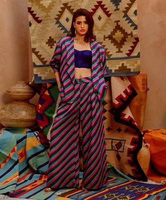 Multi-colour indi-leheriya oversized jacket with corset and papa pants 1
