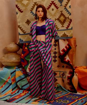 Multi-colour indi-leheriya oversized jacket with corset and papa pants 3