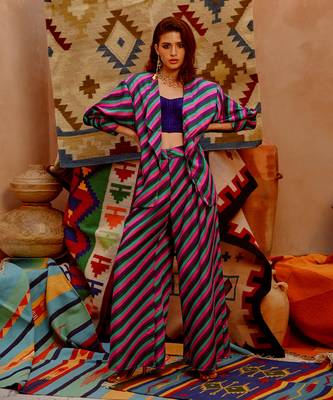 Multi-colour indi-leheriya oversized jacket with corset and papa pants 5