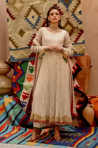 Fawn crushed anarkali set