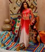 Hot red satin corset with ombre drape skirt