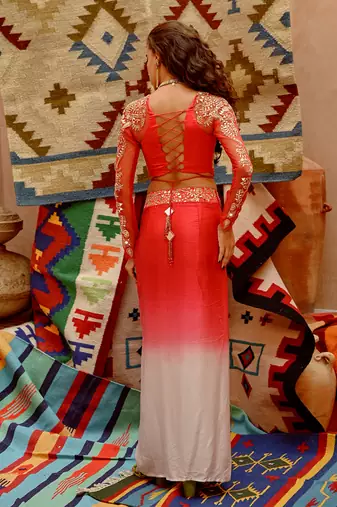 Hot red satin corset with ombre drape skirt