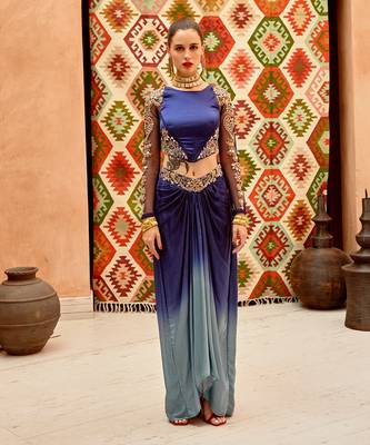 Cerulean blue satin corset with ombre drape skirt 1