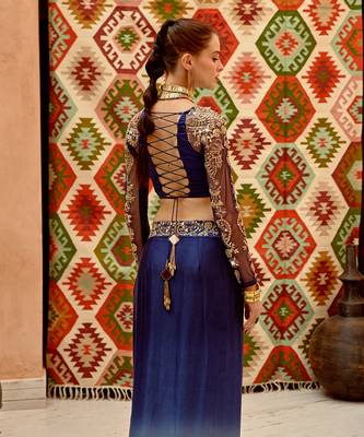 Cerulean blue satin corset with ombre drape skirt 2