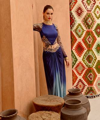 Cerulean blue satin corset with ombre drape skirt 3