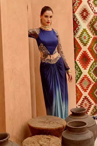 Cerulean blue satin corset with ombre drape skirt