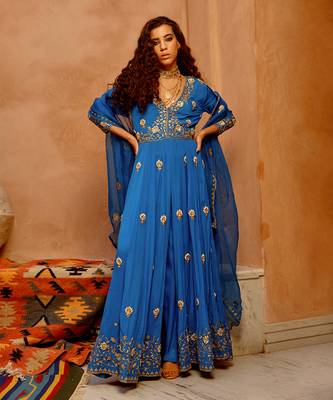 Cobalt blue front open anarkali set 1