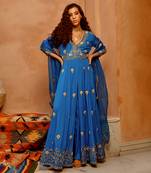 Cobalt blue front open anarkali set