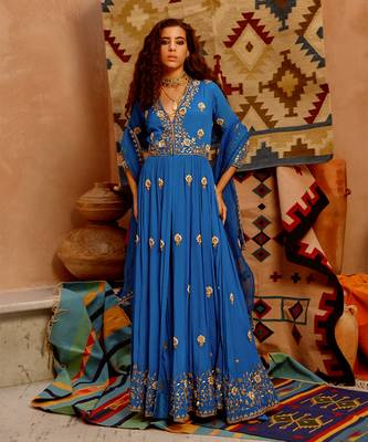 Cobalt blue front open anarkali set 2
