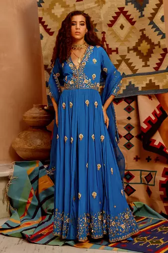 Cobalt blue front open anarkali set