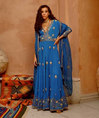 Cobalt blue front open anarkali set 3
