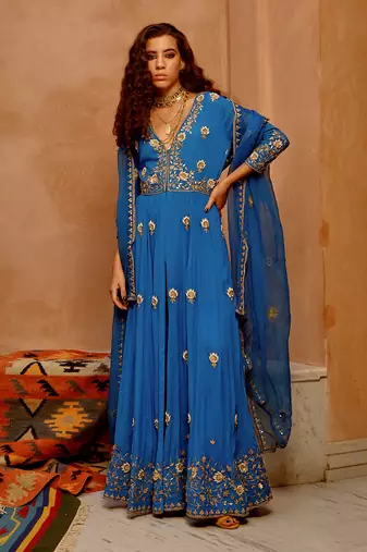 Cobalt blue front open anarkali set