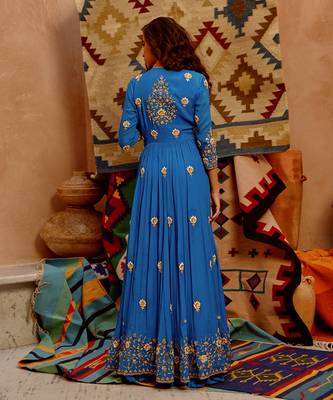 Cobalt blue front open anarkali set 4