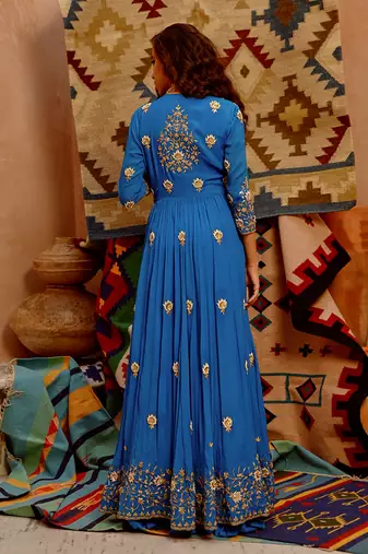 Cobalt blue front open anarkali set