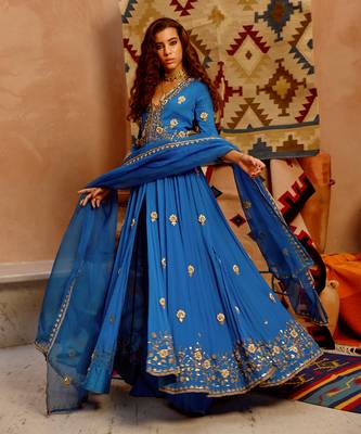 Cobalt blue front open anarkali set 5