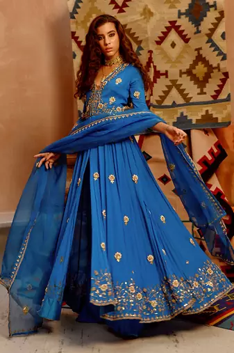 Cobalt blue front open anarkali set