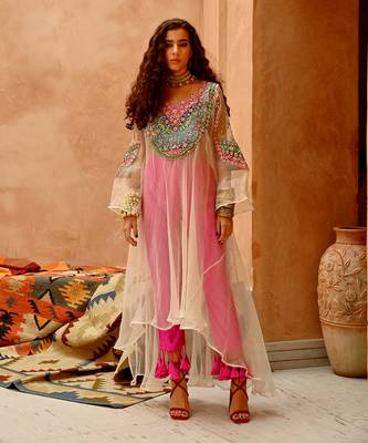 Ivory sheer afghani kurta pants set 1