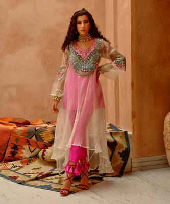 Ivory sheer afghani kurta pants set 3