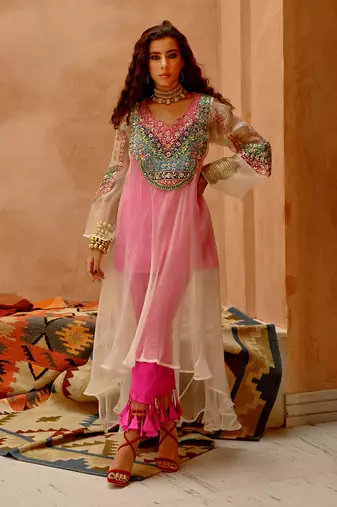 Ivory sheer afghani kurta pants set