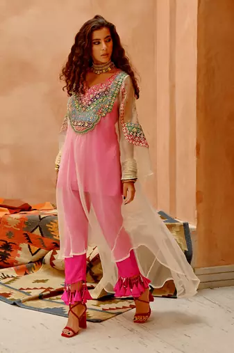 Ivory sheer afghani kurta pants set