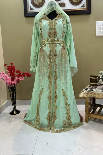 Sea Green Georgette Zari Work Kaftan 