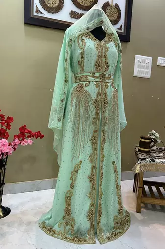 Sea Green Georgette Zari Work Kaftan 