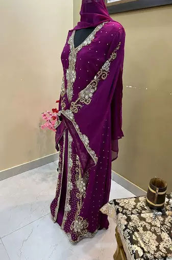 Wine Zari & Stone Work stitched Georgette Morroco Kaftan Wedding Wear