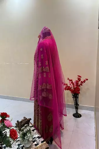 Hot-Pink Heavy Aari & Stone Work stitched Net Designed Morroco Kaftan Wedding Wear