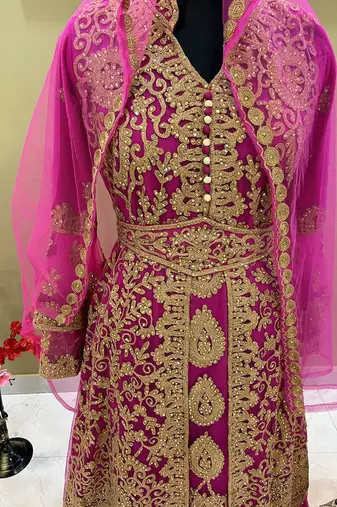 Hot-Pink Heavy Aari & Stone Work stitched Net Designed Morroco Kaftan Wedding Wear