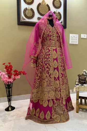 Hot-Pink Heavy Aari & Stone Work stitched Net Designed Morroco Kaftan Wedding Wear