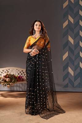Black Colour Nett Saree WITH UN-STITCHED BLOUSE 2