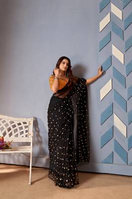 Black Colour Nett Saree WITH UN-STITCHED BLOUSE 3