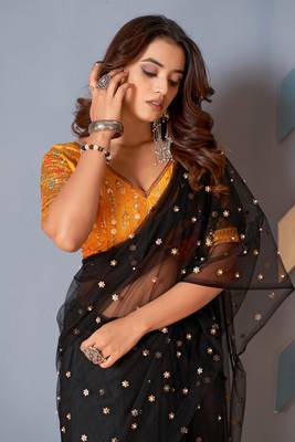 Black Colour Nett Saree WITH UN-STITCHED BLOUSE 4