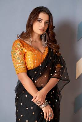 Black Colour Nett Saree WITH UN-STITCHED BLOUSE 5