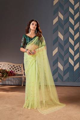 Pista Colour Nett Saree WITH UN-STITCHED BLOUSE 1