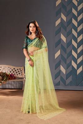 Pista Colour Nett Saree WITH UN-STITCHED BLOUSE 2