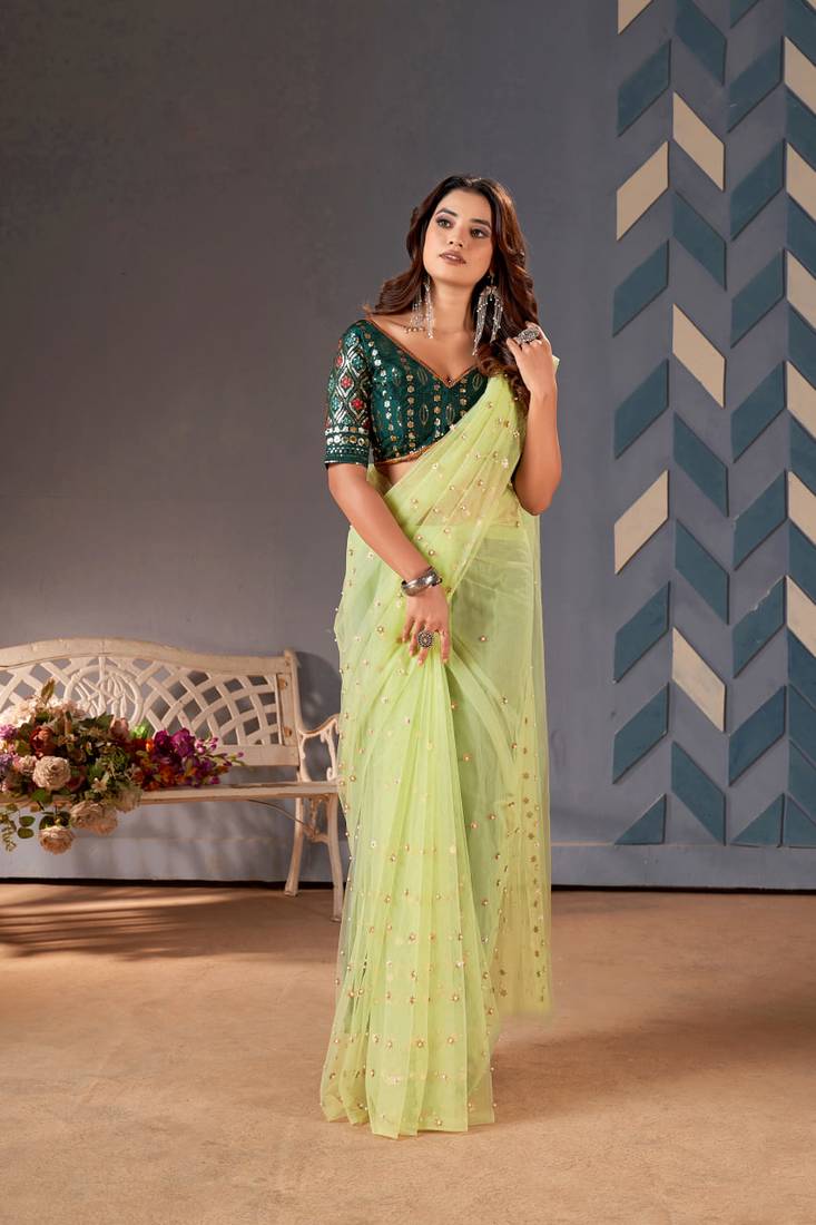 Pista Colour Nett Saree WITH UN-STITCHED BLOUSE