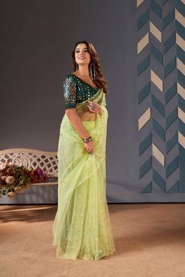 Pista Colour Nett Saree WITH UN-STITCHED BLOUSE 4