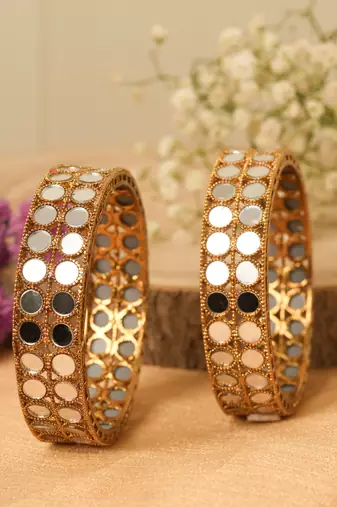 Antique Gold Plated Mirror Work Bangles Set