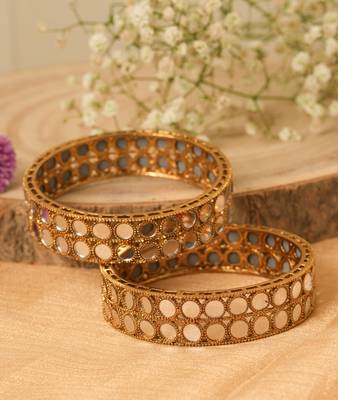 Antique Gold Plated Mirror Work Bangles Set 3