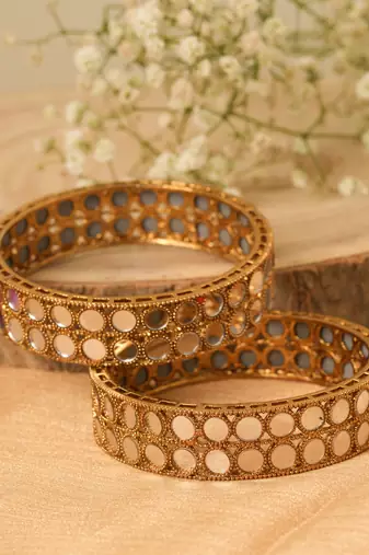 Antique Gold Plated Mirror Work Bangles Set